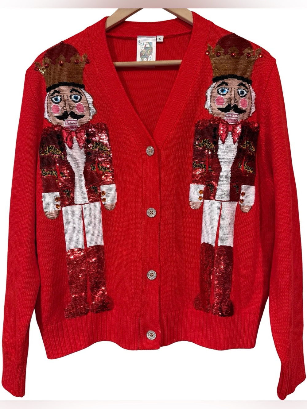 Queen of Sparkles Sequin Nutcracker Red Cardigan Sweater S Holiday Christmas